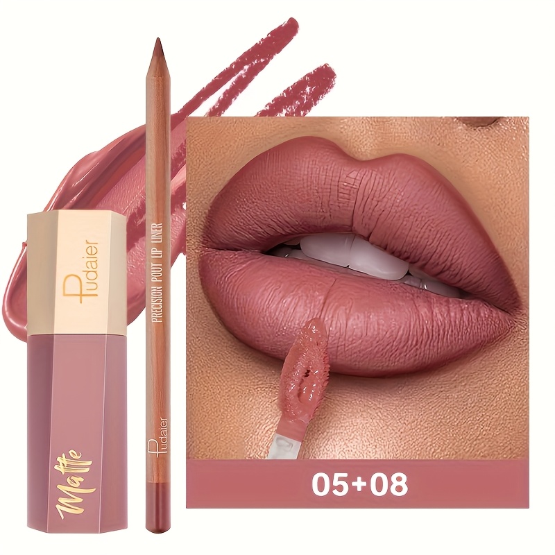 2pcs Matte Lip Liner And Lip Gloss Set - Long-lasting, , 24-hour Waterproof Velvet Cup Lip Gloss For Tones