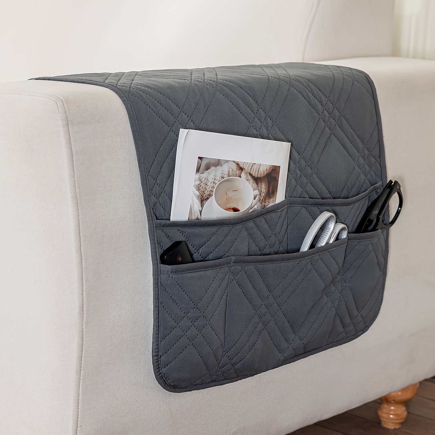TEMU 1pc Sofa Armrest Storage Hanging Bag, Sofa Side Armrest Cushion With Pocket, Multifunctional Non-slip Storage Bag For Sofa Side, Home Textile