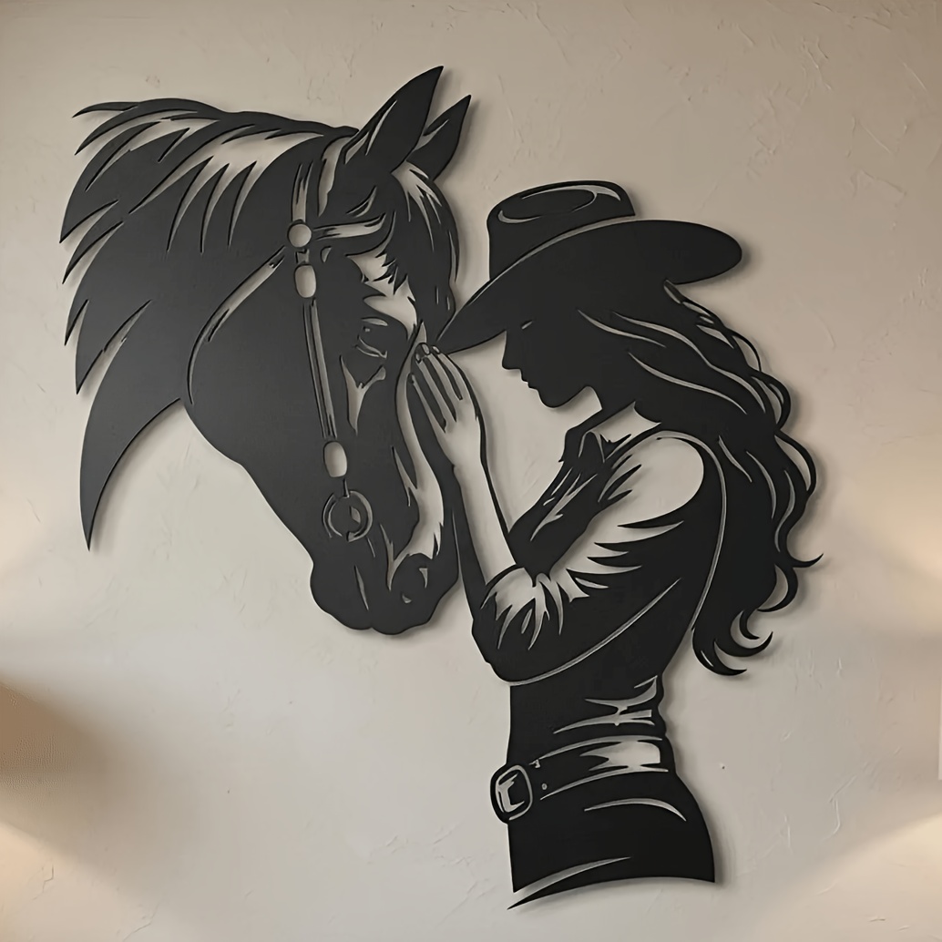 TEMU 1pc Cow Girl Horse Western Metal Decor Wall Art Gift - Modern Powder Coated Steel Emblem Iron Craft