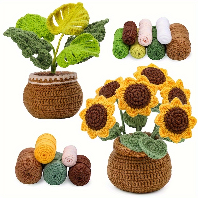 

Sunflower & Monstera Leaves Crochet Kit, Knitting Kit For Beginner, Crochet Kit For Complete Beginners Adults, Crocheting Knitting Kit With Video Tutorials