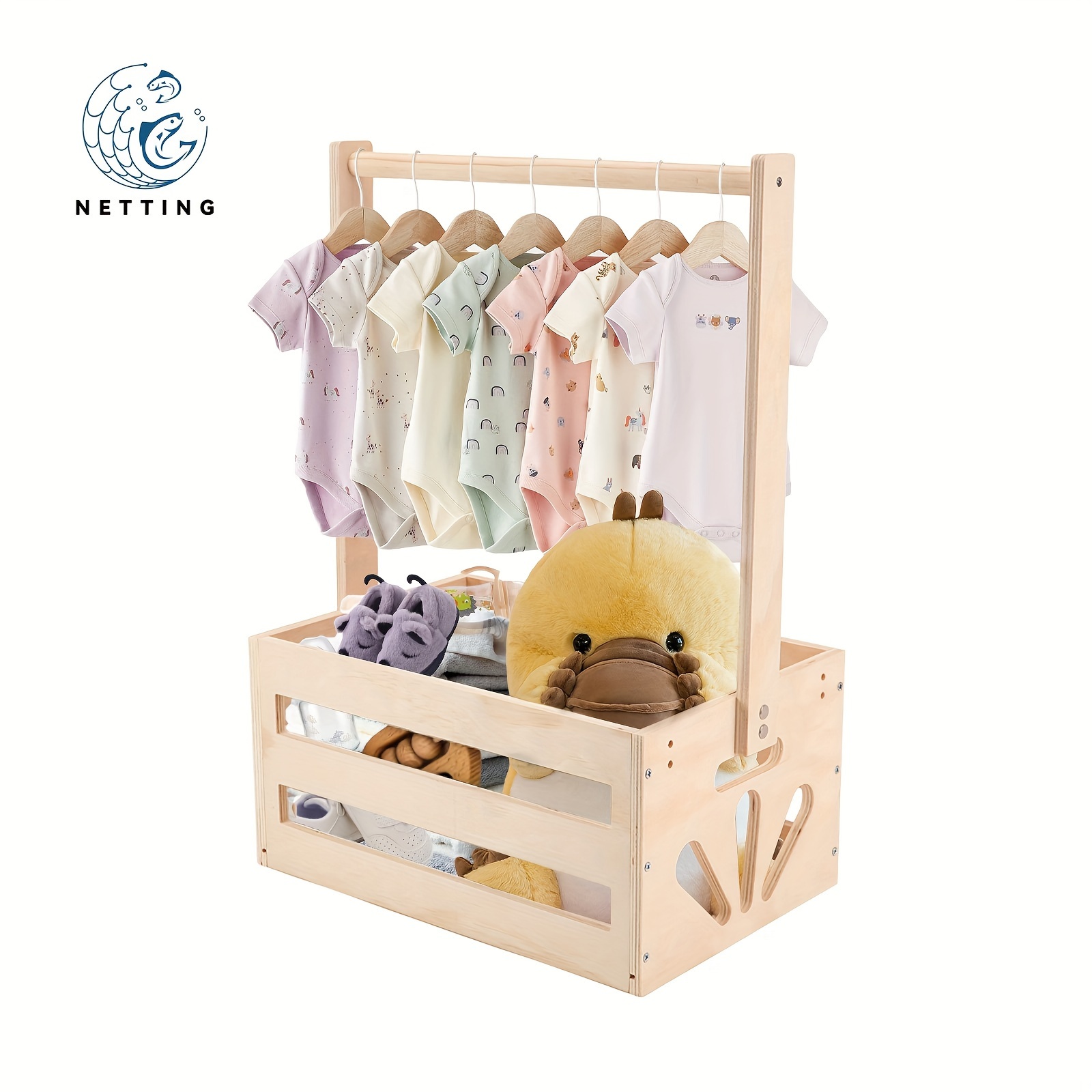 

1pc Wooden Baby Closet Organizer With Hanging Rod And Storage Basket, Contemporary Nursery Closet For New , Ideal For , Christmas, Halloween, And Baby Shower Gifts, Shelf Baskets