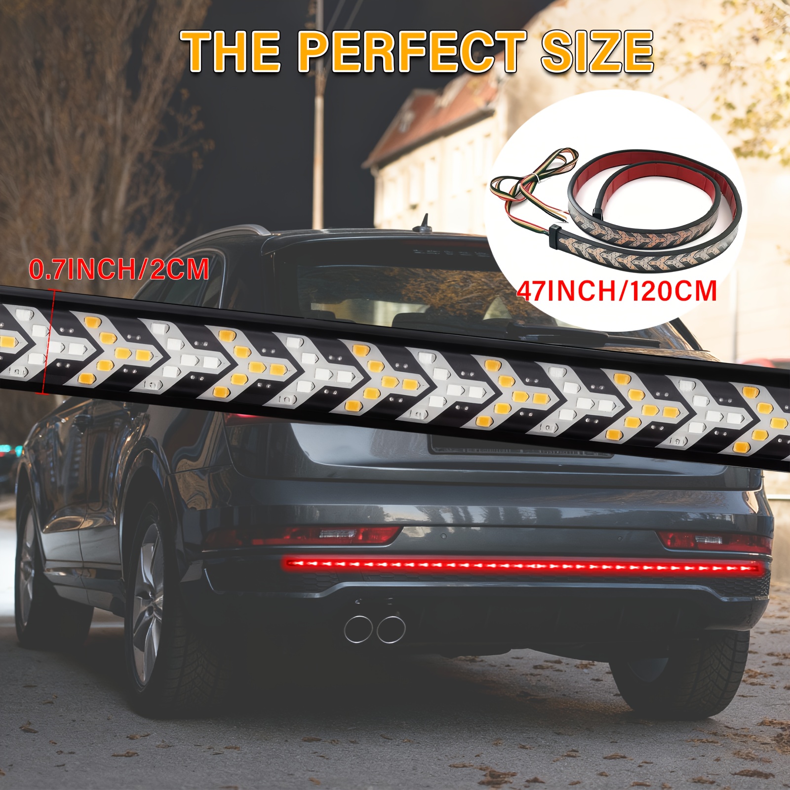 a 120 cm long led light strip designed for off road vehicles featuring arrow shapes and flowing red and yellow lights this car atmosphere light strip serves as a decorative neon addition to the back of a truck and   for a considerate gift Product details 1