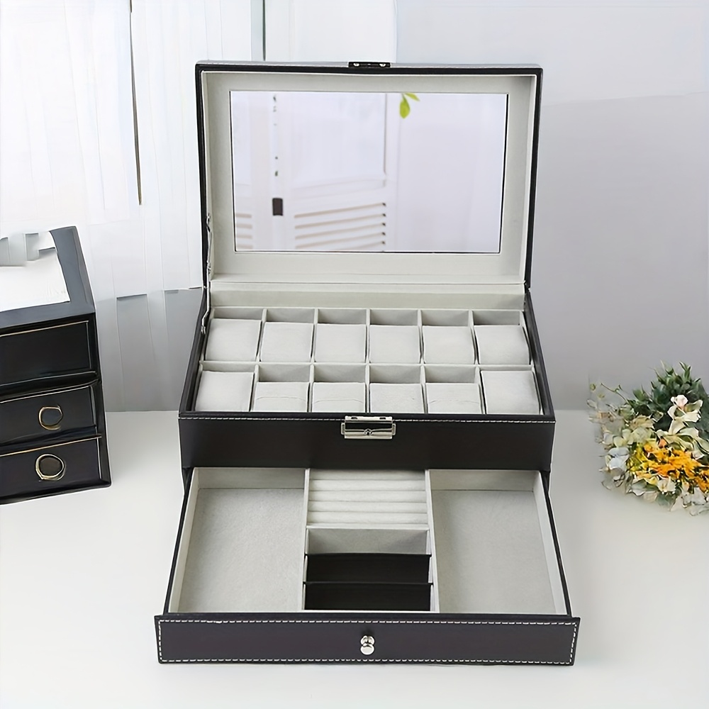 TEMU A 12-compartment Faux Leather Watch Storage Box That Locks, Suitable For Men's And Women's Jewelry, Featuring Drawers And A Two-tier Design With
