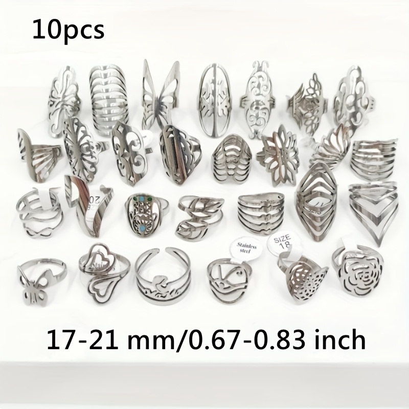 TEMU Wholesale 10/ 30/ 40pcs/ Bag Women's Jewelry Set Fashion Men's And Women's Hollow Out Ring Silvery Stainless Steel Size 17mm-21mm Animal Heart