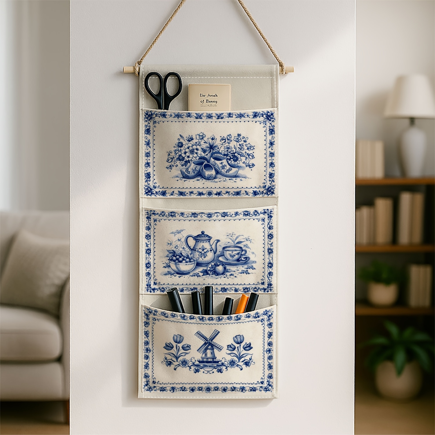 TEMU 1pc Classic Dutch Folk - Traditional Wall-mounted Storage Bag For The Nightstand, Windmill Teapot - Ideal For Hanging Behind Doors, 3-tier