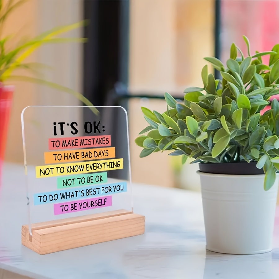Image of [2d Flat] " Ok" Acrylic Desk Sign With Wood Stand - Inspirational Motivational Tabletop Decor, No Electricity Needed, For Home And Office Encouragement Gift - 1 Set Desk Decor Collectible Figurine
