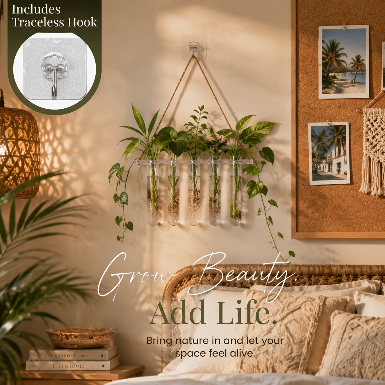 TEMU Jardinière Murale Boho à 5 Tubes avec Suspension par Corde et Crochet Trace - Installation Perçage Adaptée pour Phylléoptère, Vase Hydroponique