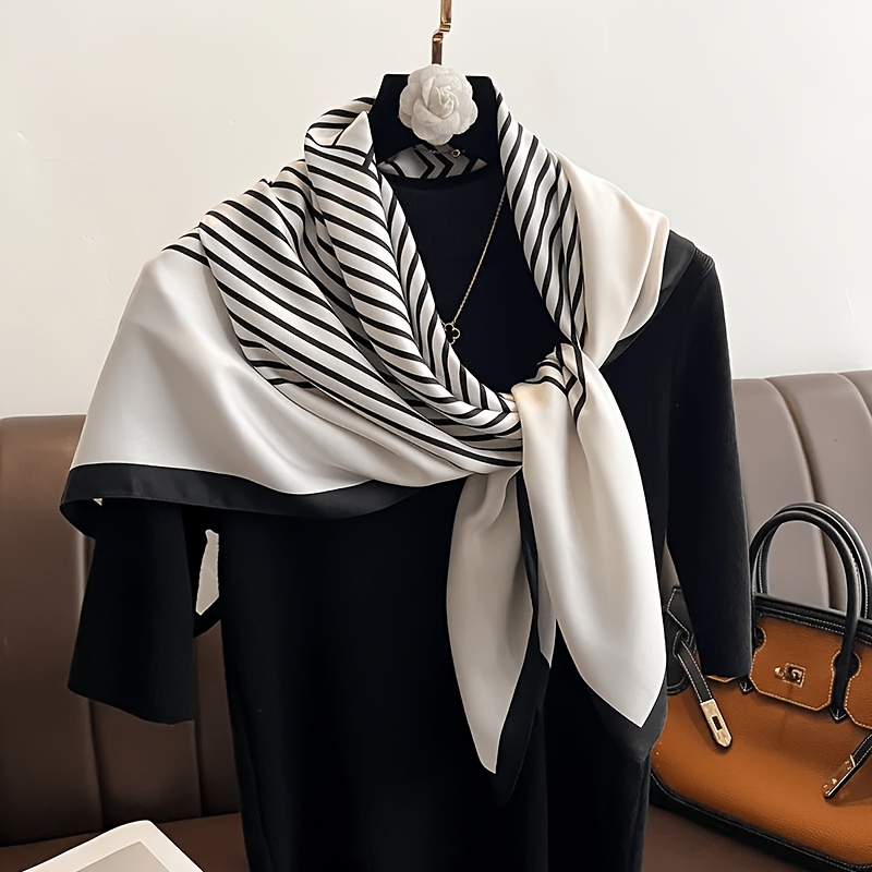 Faux Shawl Scarf, Minimalist Black & White Satin Square