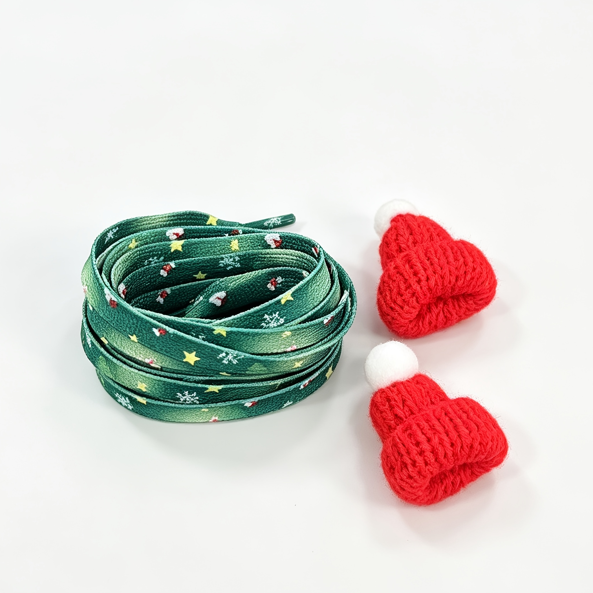 TEMU 1 paire de lacets verts sur le thème de Noël + 2 bonnets de Père Noël décoratifs rouges, colle, auto-adhésifs, décoration DIY, lacets plats sur