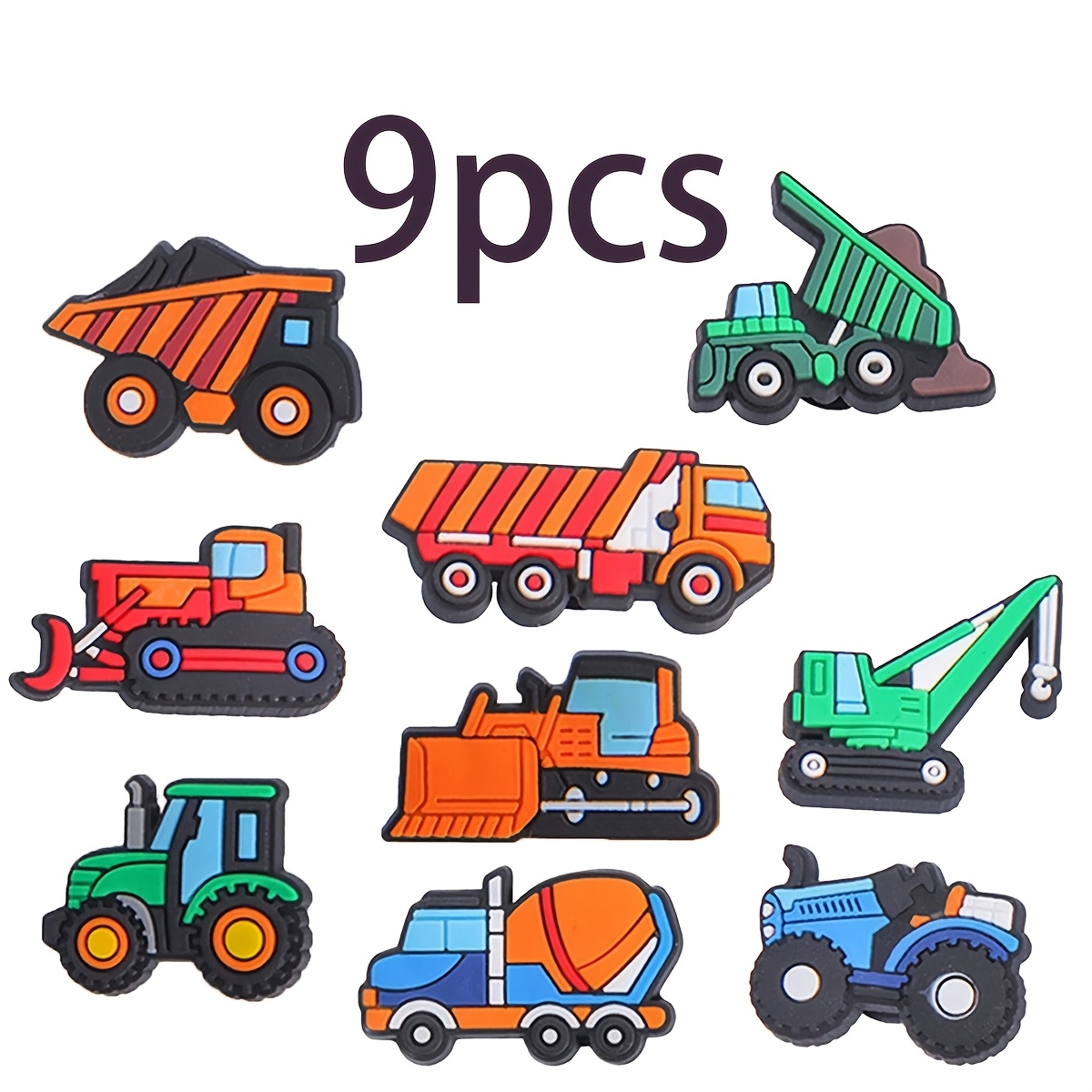 9pcs Cute Construction Vehicle Shoe Charms Decoration, Cartoon Ornament, Holiday Gift