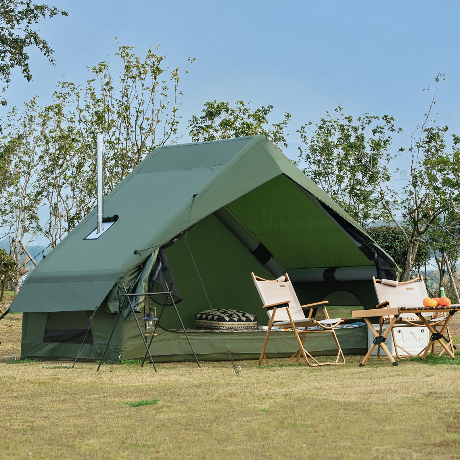Inflatable Tent with Stove Jack for 3-4 Person, All-Season Self-Supporting Air Tents, Easy Setup Cabin Camping Tent with Mesh Windows for Outdoor, Family Camping