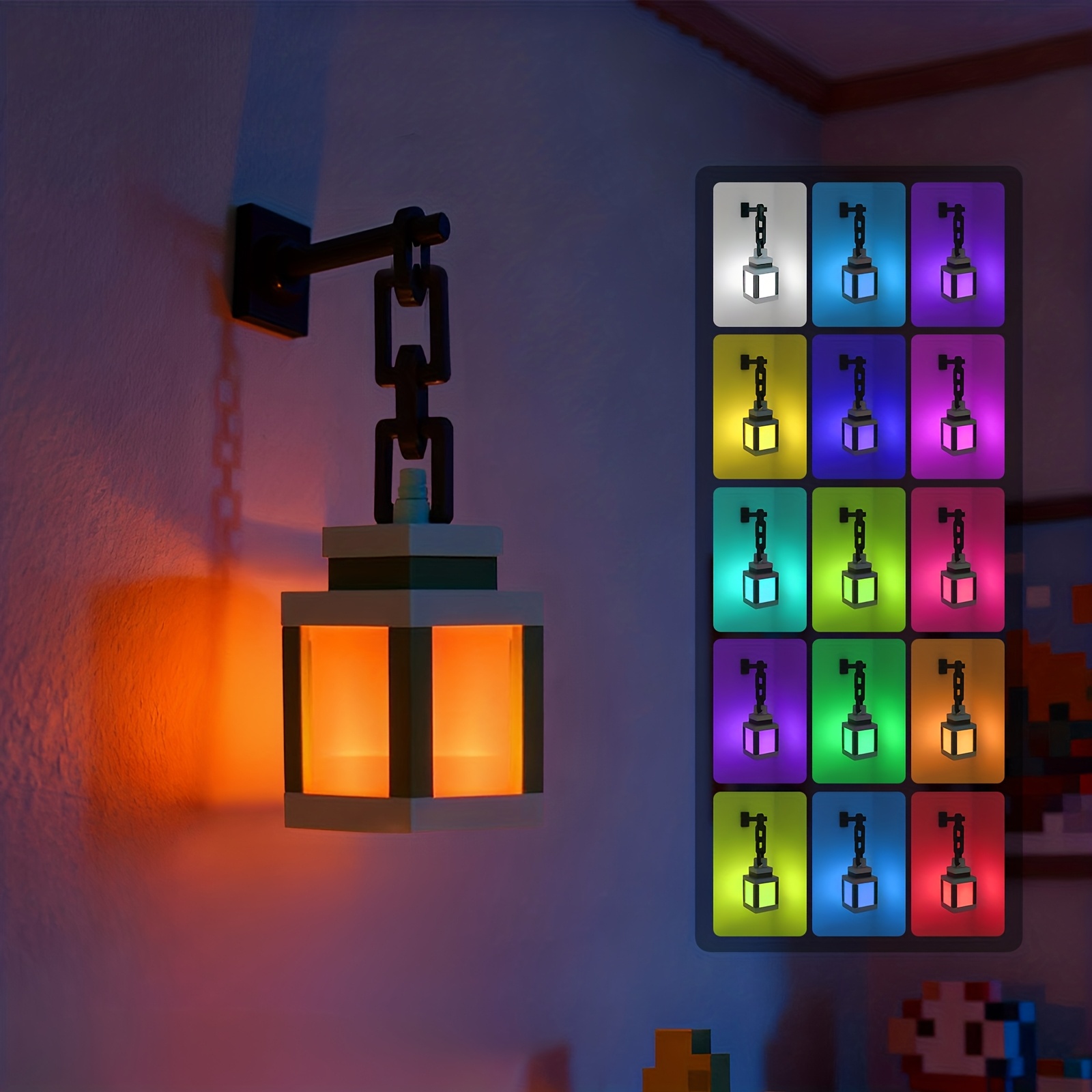 Image of Pixelated Lantern Night Light - 16-color Led Wall Mood Light With Remote Control - Rechargeable Table Lamp Mountable, Costume Cosplay Nightstand Lamp For Room Decor