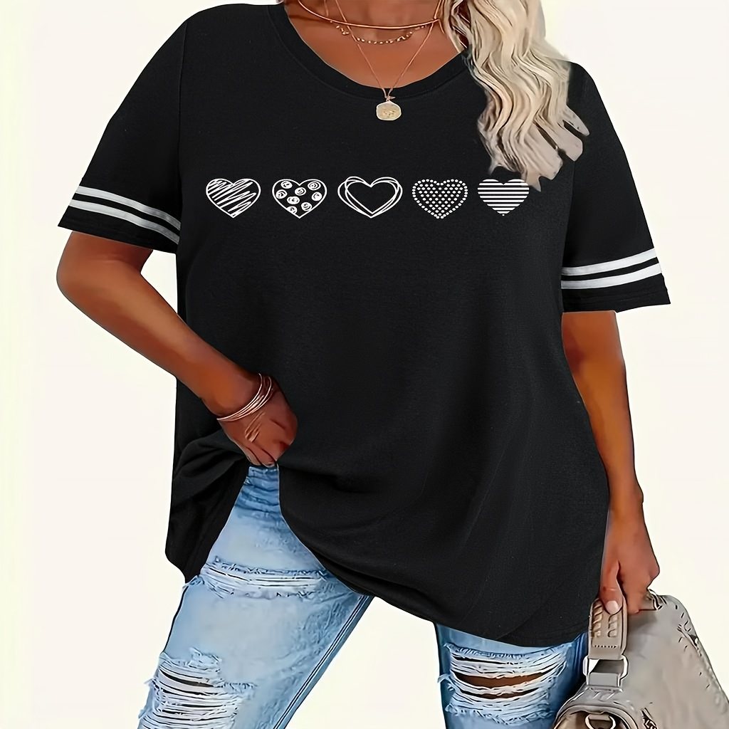 

Women's Plus Size With White Heart Print, Striped Short Sleeves, Round Neck - Casual Polyester Top, Machine Washable, Sizes 1-8xl, Plus Size Blouses