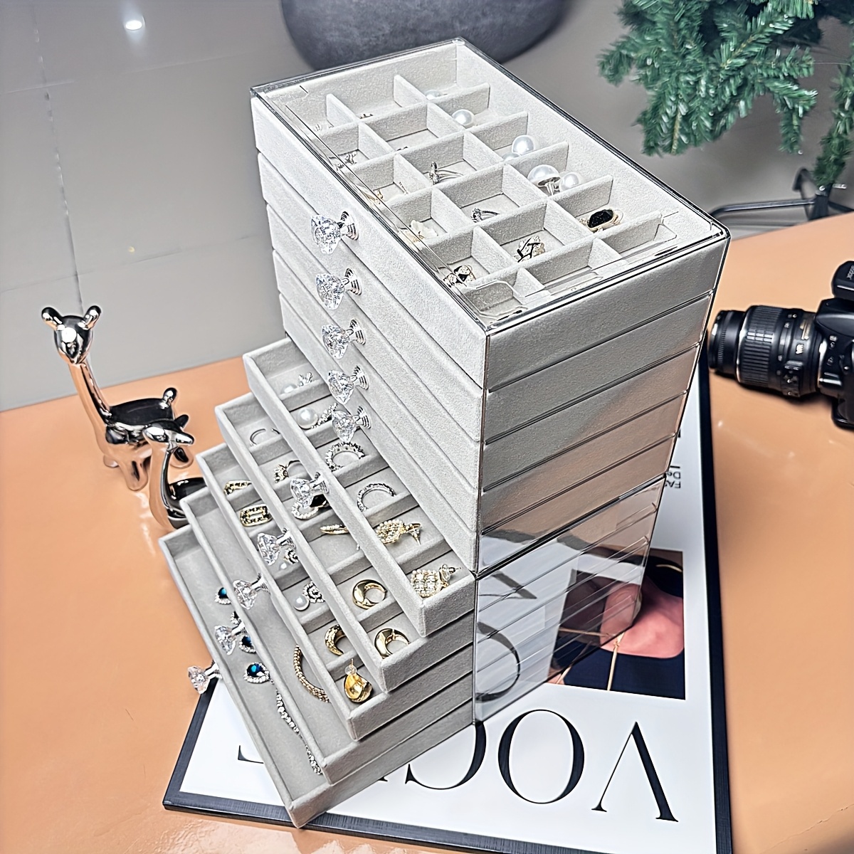   organizer box with beige gray elegant desktop storage case with clear lid multiple compartments slots for rings necklaces bracelets durable plastic construction for   boutique perfect gift for christmas valentines weddings no assembly needed home decor accessory stylish display polished   bridal accessories jewelry boxes Product details 7