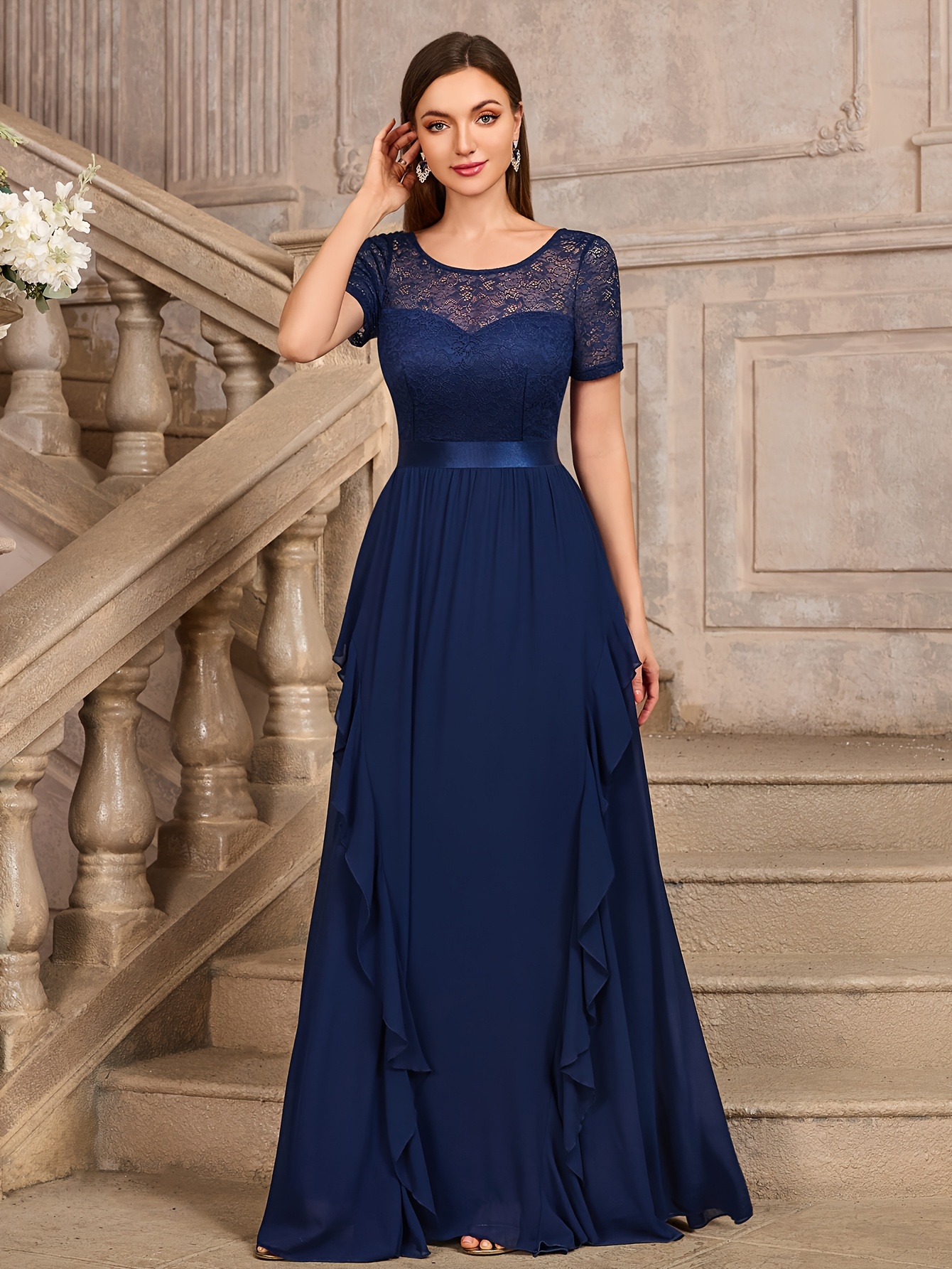 beige dress black lace Asymmetric Lace Panel Midi Dress – Micas