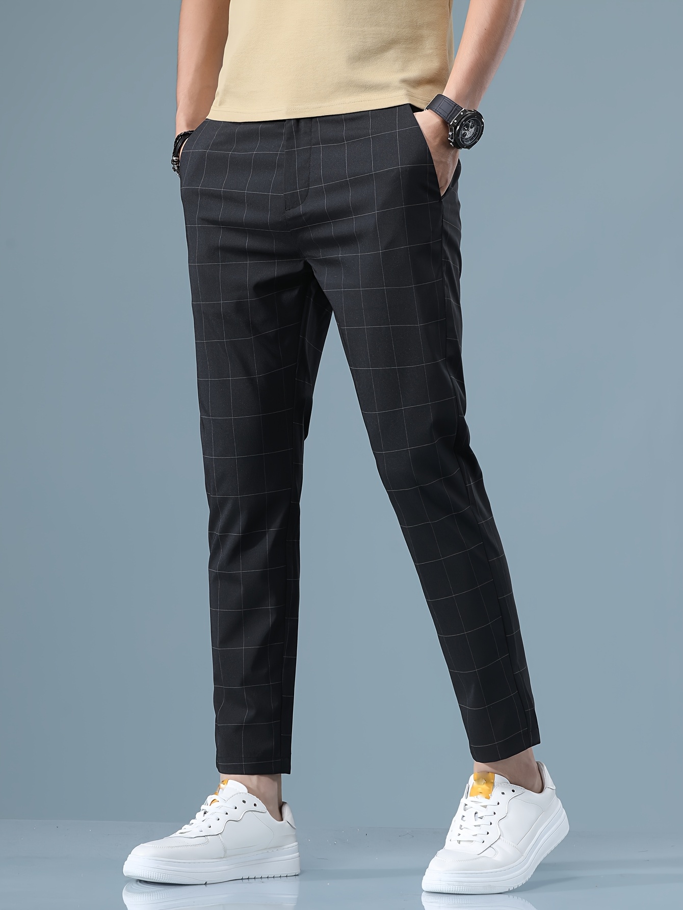 mens fit plaid dress pants stylish straight leg cropped Temu