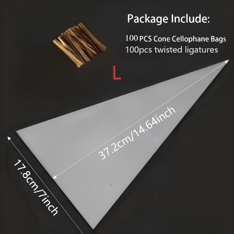 TEMU 200 Transparent Tapered Cellophane Gift Bags With Golden Twist Ties, Large Capacity Durable Triangular Candy Bags, Suitable For Candy, Popcorn,