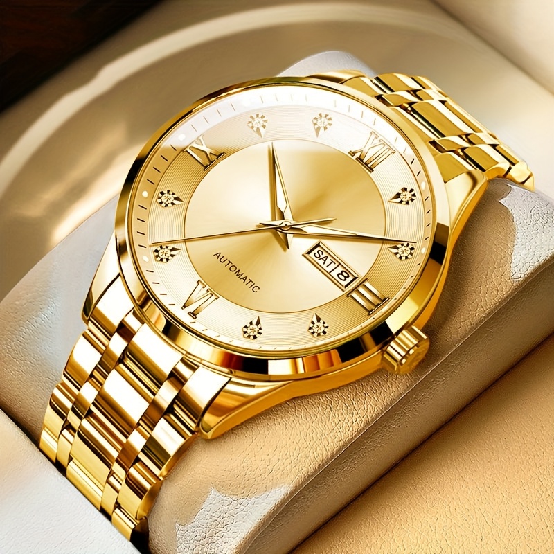 TEMU Montre Automatique Homme Mécanique de Luxe Montre de Costume Phase Lune Jour Date Cadeau Montre Tendance Mode Homme, Pile