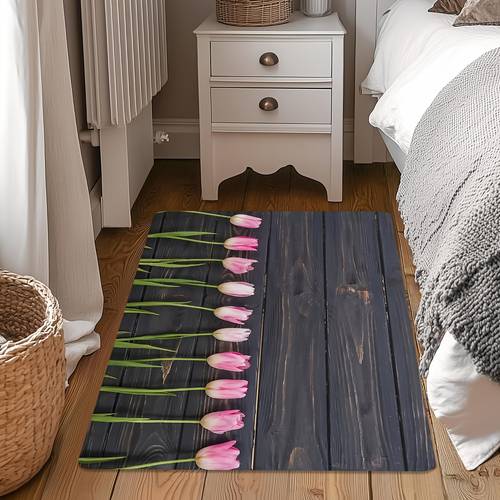 1pc pink tulip floral pattern entrance carpet soft and comfortable doormat machine washable flannel mat suitable for living room bedroom kitchen laundry room office hallway entrance elegant and decor valentines day gift