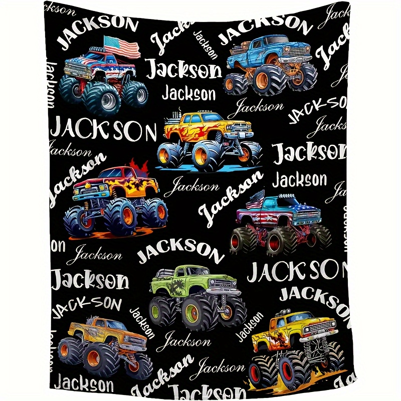 

Custom Name Monster Truck Flannel Throw Blanket - Personalized, Soft & Warm Digital Print For Couch, Bed, Travel, Camping, Living Room, Office - Machine Washable, All-season Comfort