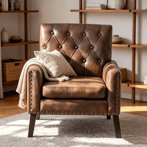 dark brown faux leather tufted century modern accent chair armchair for living room bedroom office reception and