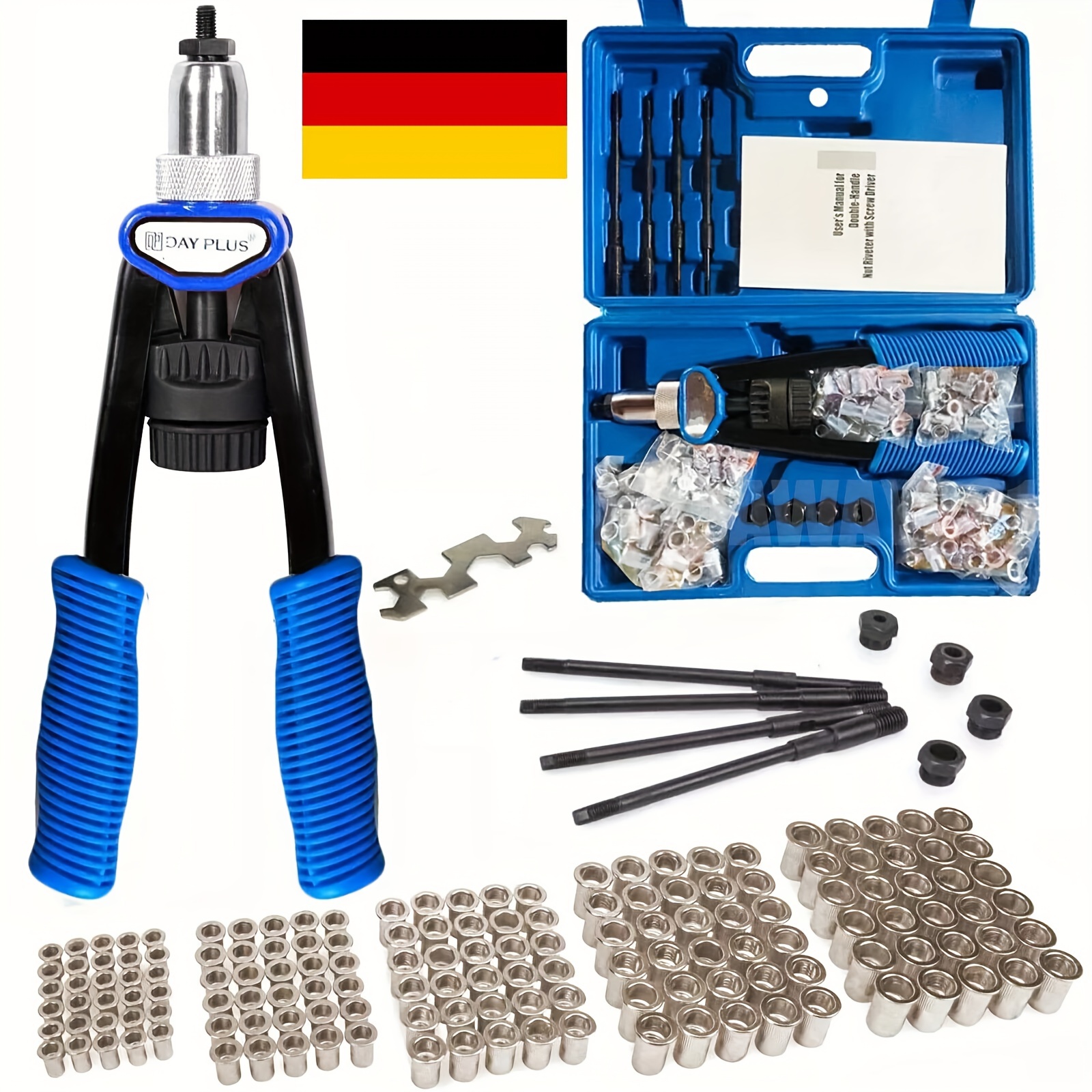 E-shop DayPlus Nietmutternzangen-Set, Nietmutternzange, Gewinde-Nietzangen-Set mit Stahlnietmuttern M5 M6 M8 M10 M12