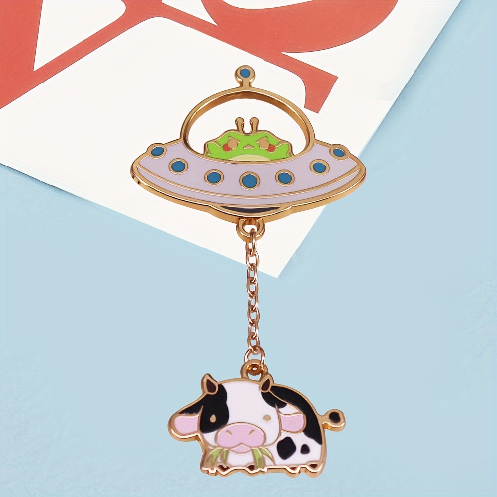 

1pc Cute Alien Frog & Cow Ufo Enamel Pin Badge, Zinc Alloy Cartoon Spacecraft Brooch For Fashion Accessories