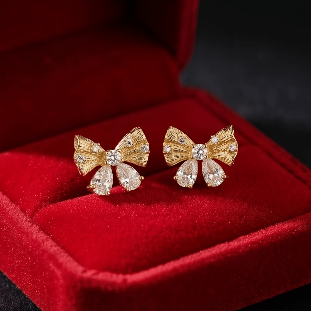 Women's Elegant Faux Bow Stud Earrings with Zirconia Inlay