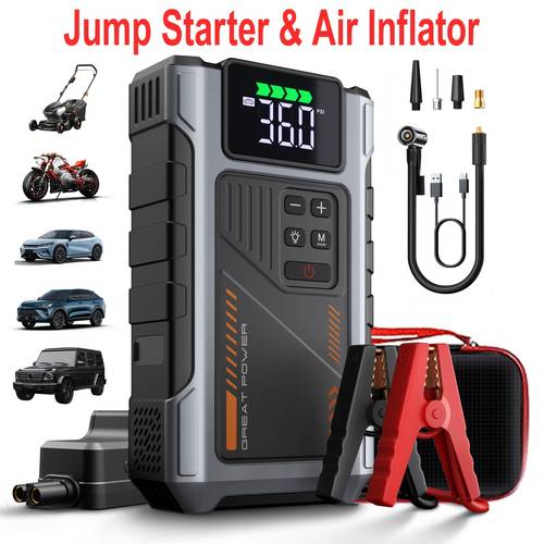 9 in 1 portable jump starter with air compressor battery jump starter portable car battery charger portable for12v 8 0 6 5l start the car quickly usb led emergency car accessories tools wireless car air compressor