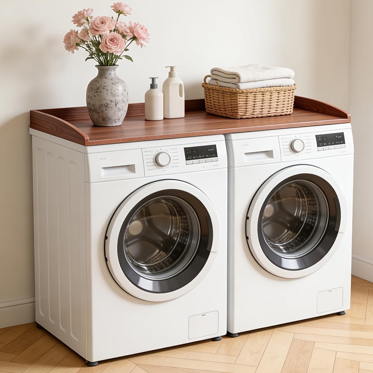 TEMU A Minimalist Brown Washing Machine Shelf With A Worktop, . -tier Storage Unit Features Raised Edges And Rounded Corners For Added Safety.