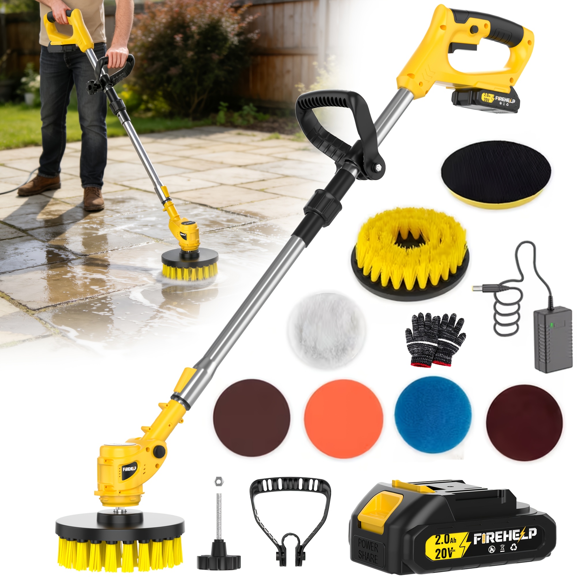 TEMU 2026 New Model 20v Cordless Rotating Floor & Pool Scrubber Multifunctional Scrubber With Telescopic Pole, Rechargeable Battery, Multiple Brush