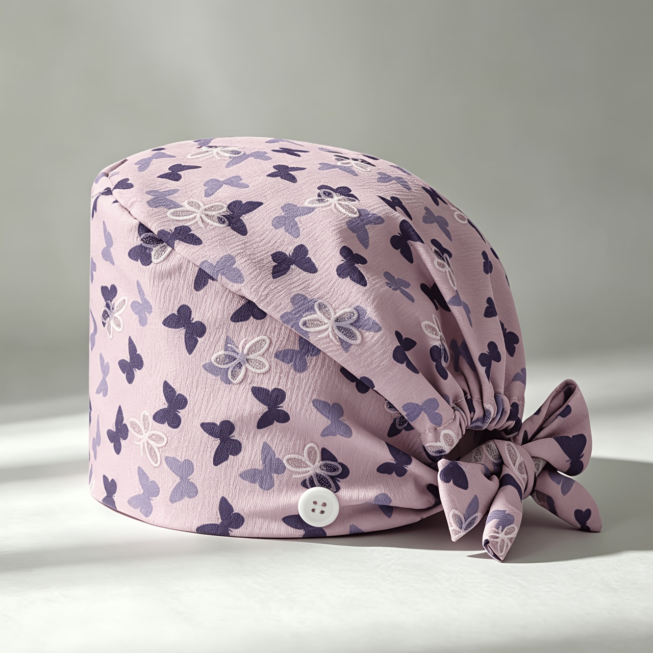 TEMU 1 Material Silvery Powder Print Pattern Full-cover Head Protection Cap, Pleated Craft, Women's Medical Work Cap For , Adjustable Dust-proof And