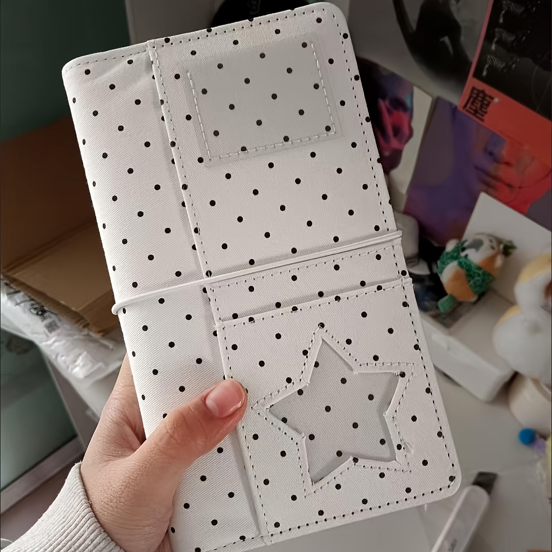 E-shop A6 Loseblatt-Notizbuch im koreanischen Stil mit Denim-Stern-Fenster Polka-Dots – mit Bindegurt, austauschbarem Innen-Einsatz, mehreren