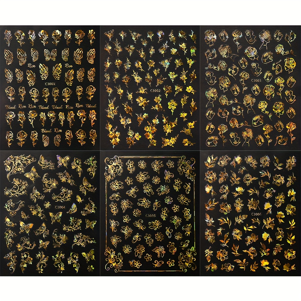 Image of 6 Sheets 3d Laser Flower Nail Stickers, Holographic Bronzing Golden Floral Butterflies Nail Art Decals,nail Art Decorations Nail Supplies For Women Manicure Diy