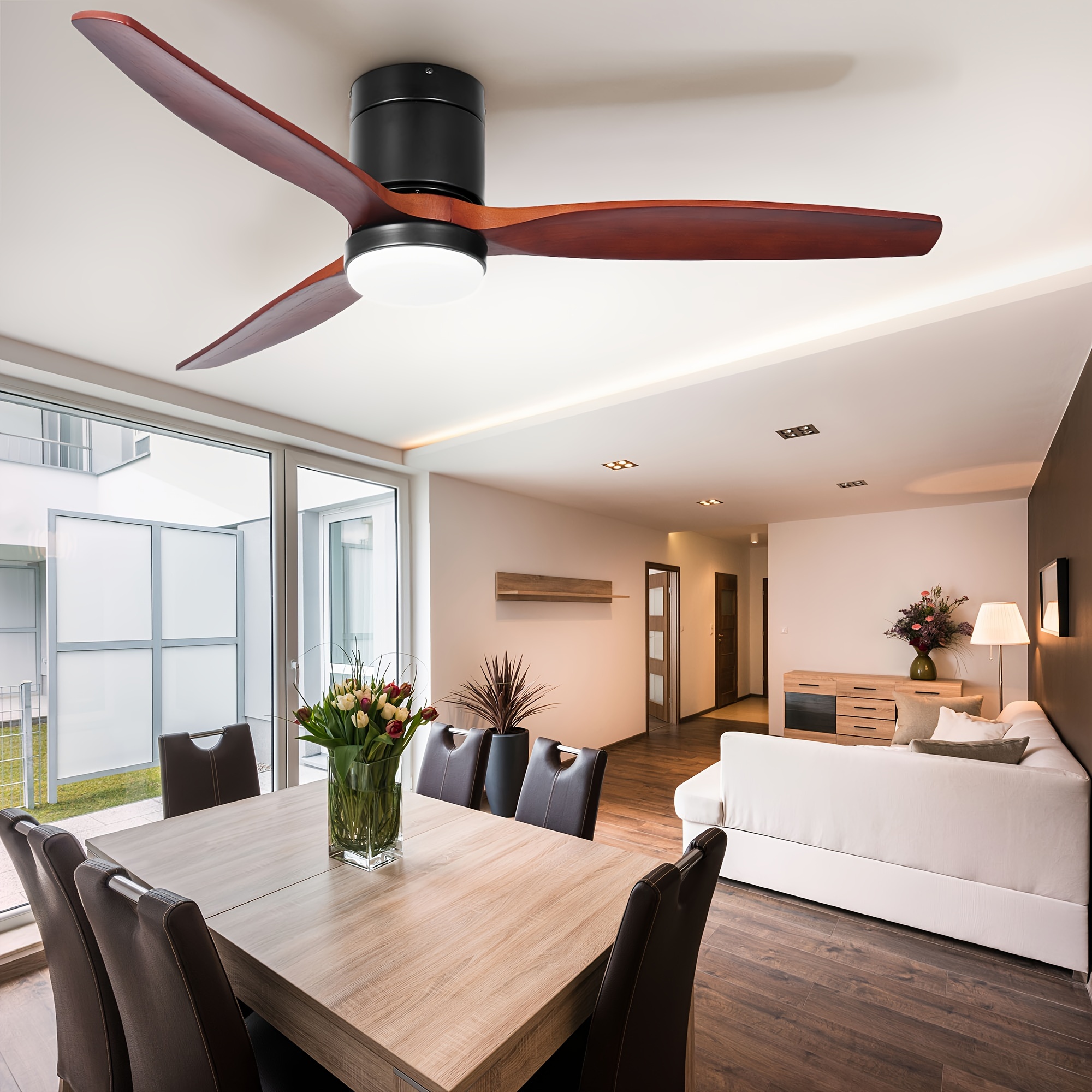

Dwvo 52 Inch Low Profile Ceiling Fan With Light And Remote, Flush Mount Fan Light With Quiet Dc Motor, 3 Colors Light Changing, 6 Speed, Reversible Airflow For Outdoor/indoor - Black & Walnut