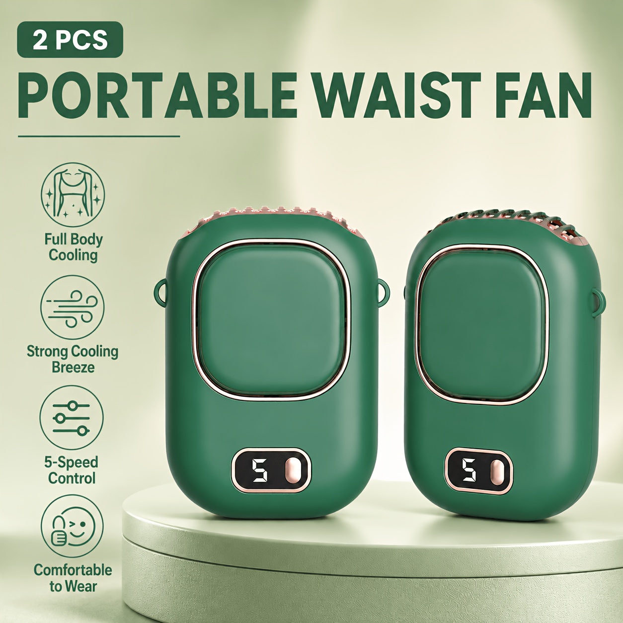 Image of 2-pack Usb Rechargeable Waist Fans - Built-in Large-capacity Lithium Battery, Low-noise Quiet Motor, 5-speed Digital Display Adjustment, Heavy-duty Drop-resistant Material