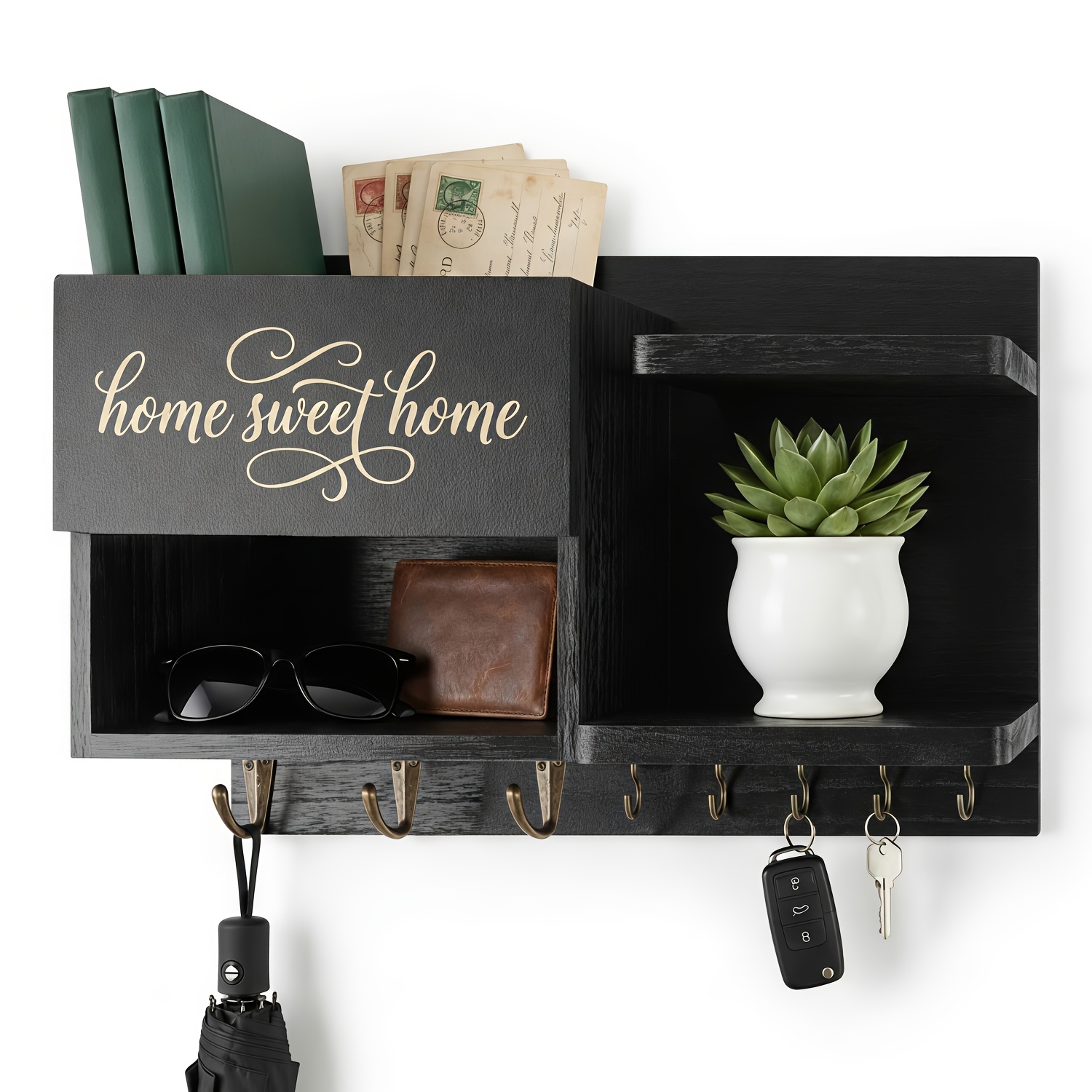 Wall Mount Key Holder With Mail Organizer And Shelf - Natural Wood, 8 Metal Hooks And Chalkboard - Decorative Entryway Hanging Rack For Keys, Letters, Coat, Dog Leash