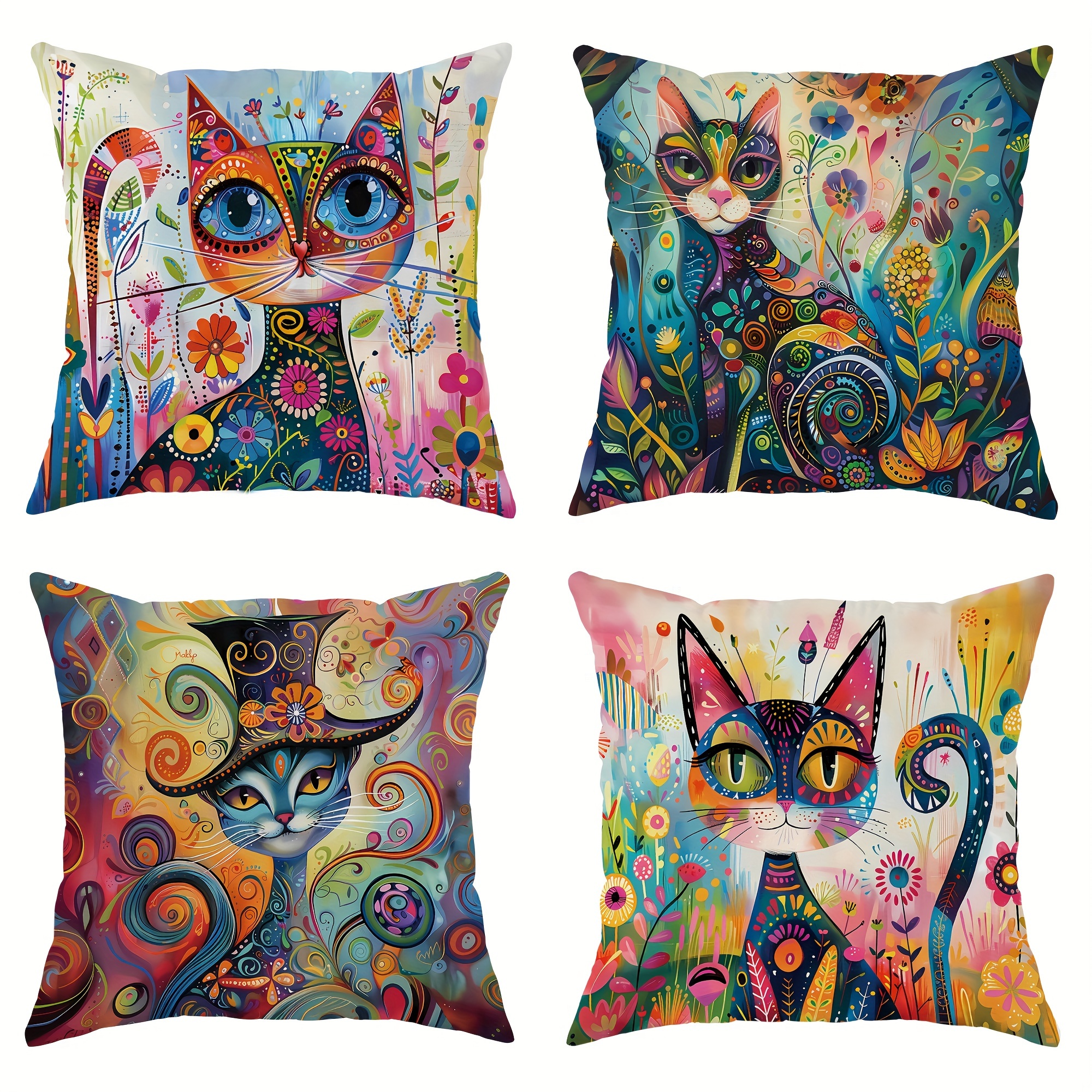 

whimsical Charm" 4-piece Set Velvet Throw Pillow Covers - Funny Cartoon Cat & Floral Designs In Pink, Purple, Blue, Green | 18x18 Inch | Perfect For Living Room & Bedroom Decor