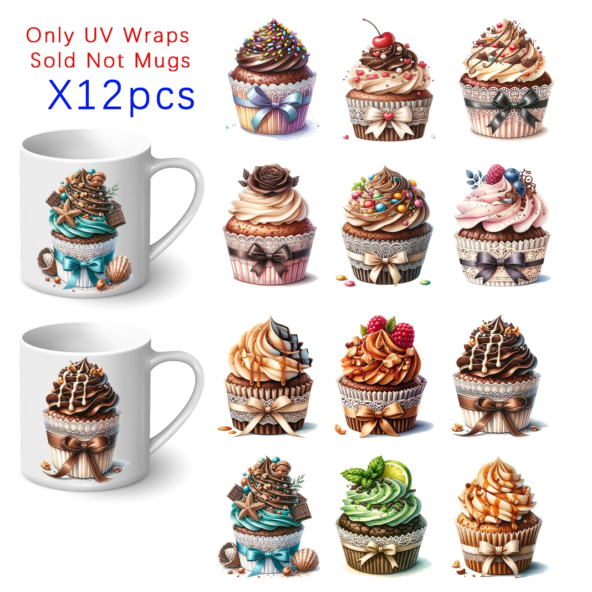 

12pcs Cake & Ice Cream Themed Diy Uv Transfer Paper - Waterproof, Self-adhesive Decals For Mugs, Cups, Bottles & Laptops - Matte , Pvc Material With Frosting & Topping Designs