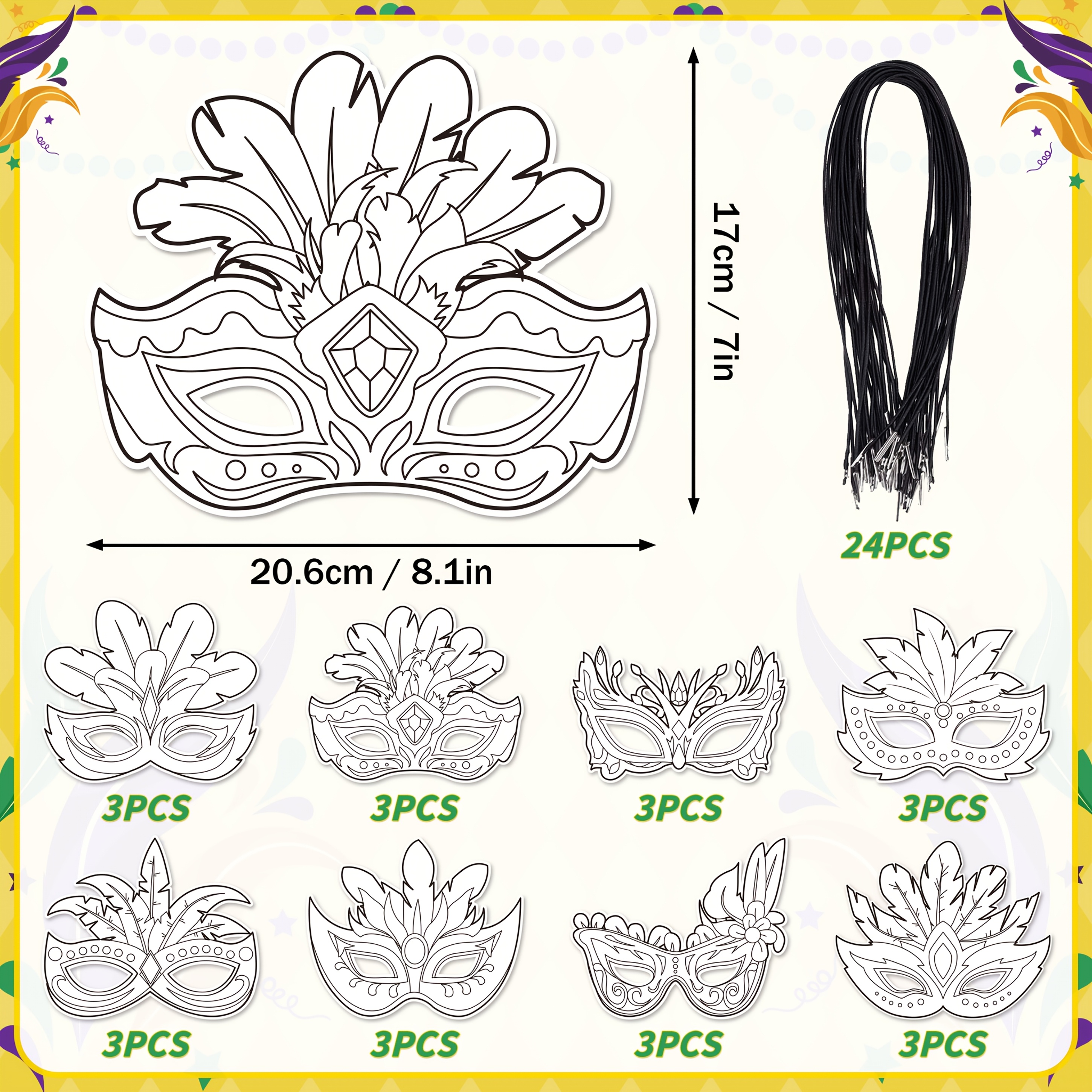 Image of 24pcs Mardi Gras Coloring Masks Crafts Set Cardboard Blank Masks Masquerade Party New Orleans Fantasy For Women For Man Costume Party Favors
