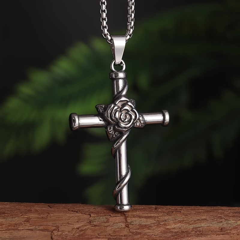 vintage bohemian thorn rose entwined cross pendant necklace stainless steel perfect for everyday wear and gift giving details 1