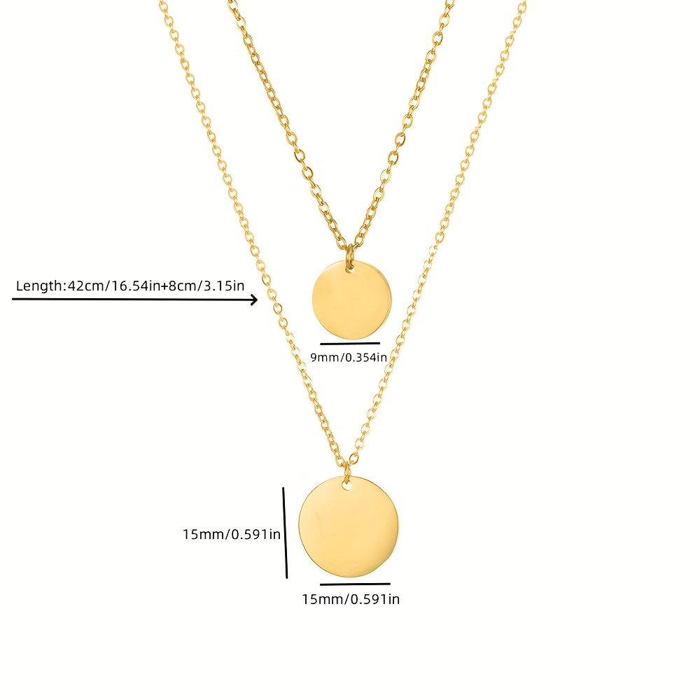 2pcs Double Layer Necklace Stainless Steel Round Pendant Short Chain
