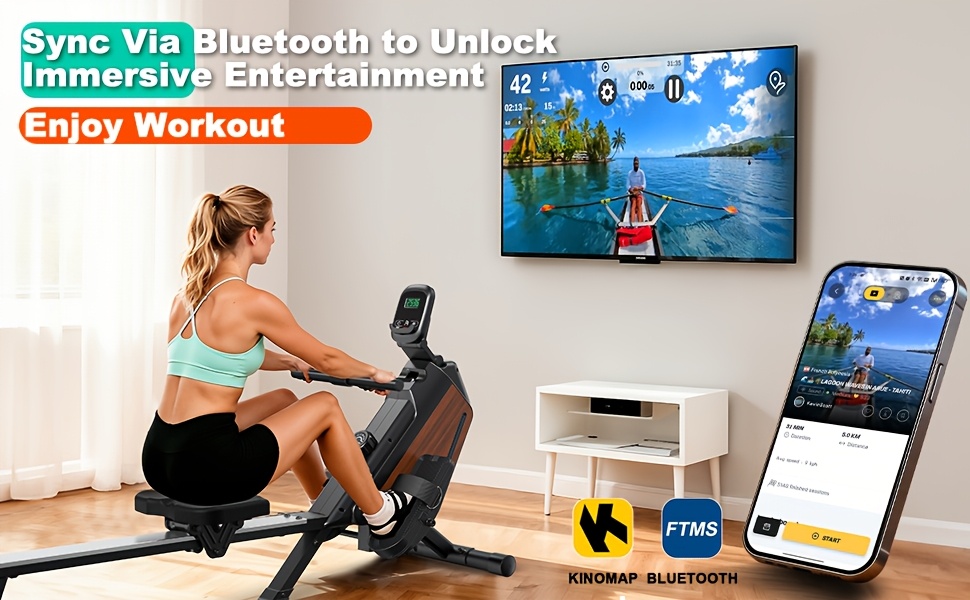 1 VOWVIT Opvouwbare Roeimachine voor Thuis | 300 Newton 16 Niveaus Magnetische Weerstand, Draadloos, 160 kg Gewichtscapaciteit, Zwart Roestvrij Staal, Zonder Batterij