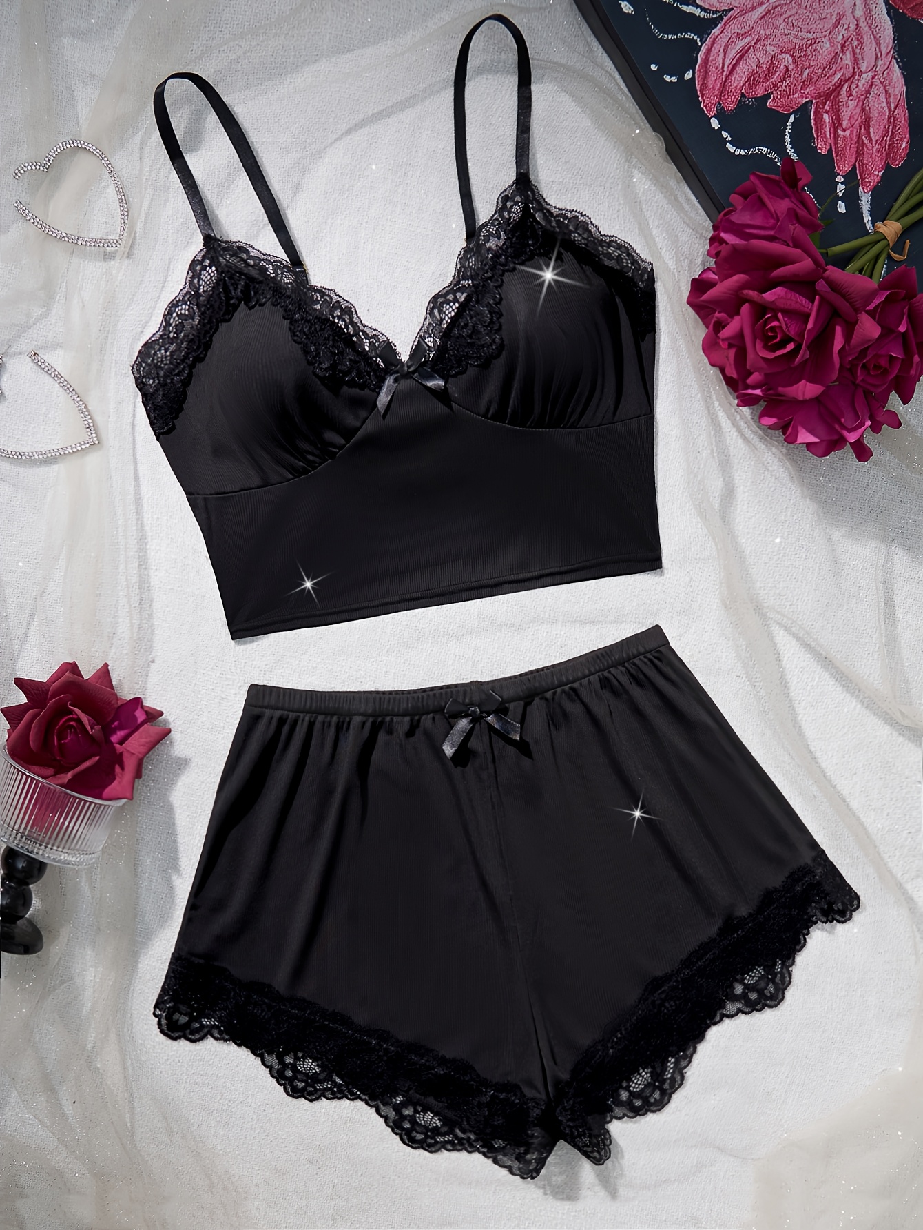 2 piecesolid color   pajama set contrast lace bow halter top shorts womens   pajamas Product details 17