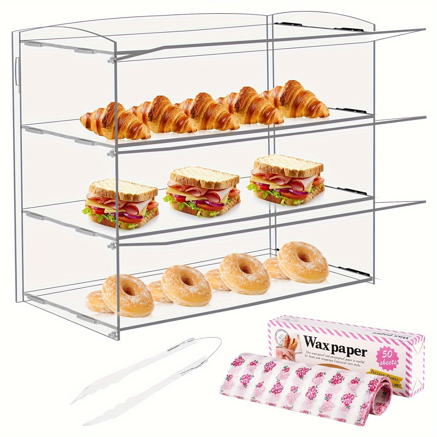 

Acrylic Countertop Display Case - Clear Bakery Pastry Cabinet With Removable Shelves - Retail Doughnut, Cookie, And Cupcake Display Case With Wax Paper And Tongs - 2 And 3 Tier Options