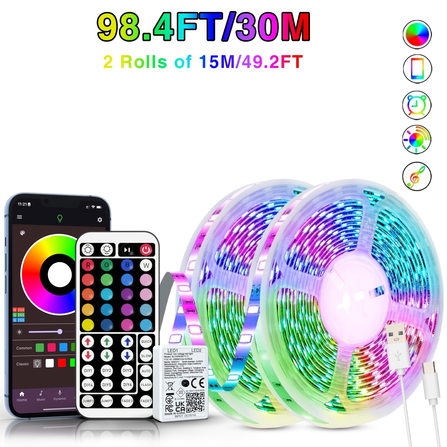 TEMU 16ft-100ft Led Strip Lights With 44-key Remote And App Control, Dimmable Night Lights With Timing, Music Sync, Rgb Color Changing Led Lights For