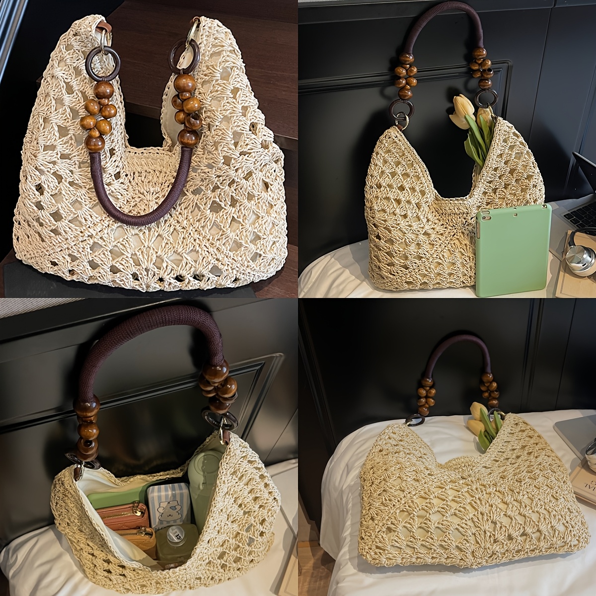 New Handmade Woven Bohemian Style Women'S Shoulder Bag, Featuring a Beaded Chain Decoration with Contrasting Colors And a Hollow Design, Suitable for Daily Commuting, Work, Vacation Trips, Beach Outings, Shopping