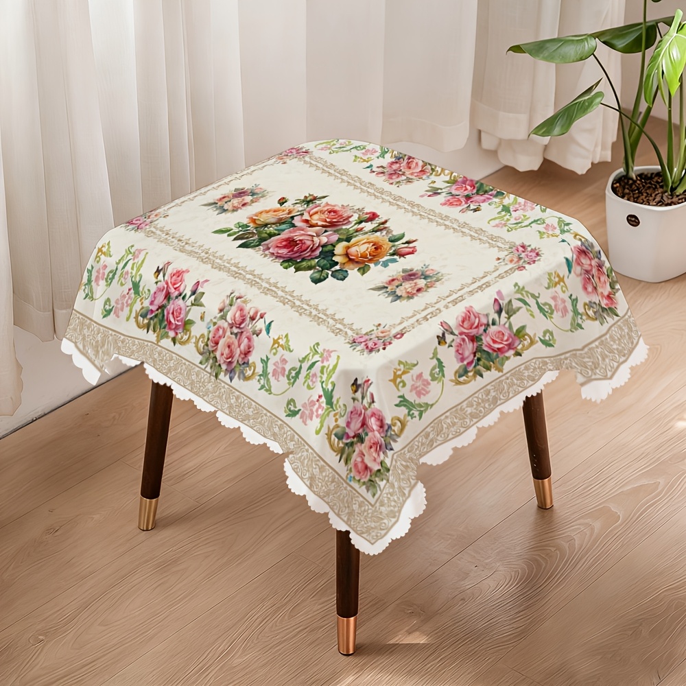 TEMU 1pc, Scalloped Rectangular Table Runner, Intricate Roses, Peonies And Other Flowers With European Scrollwork And Classic Scallops, And Elegant