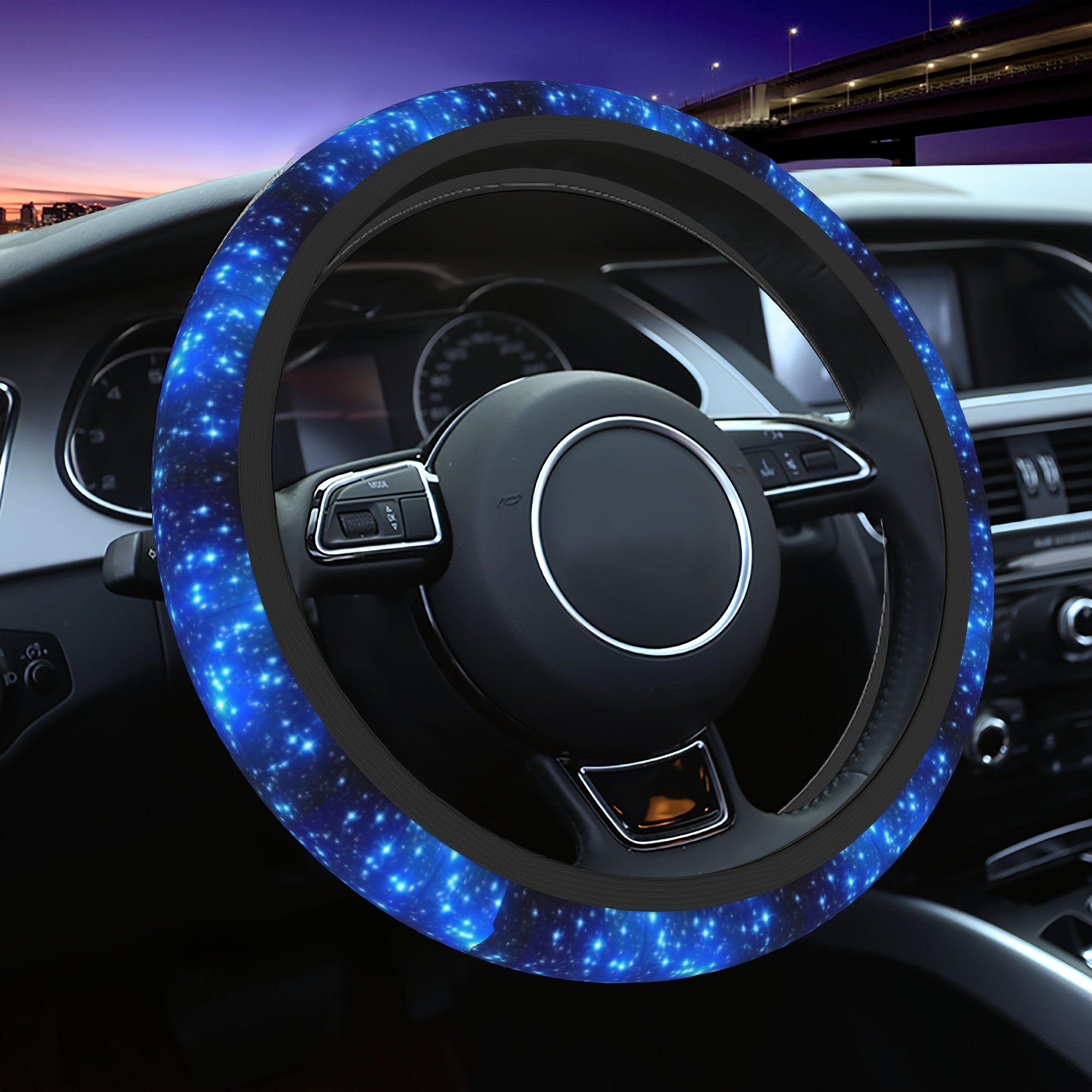 1pc Of A Beautiful Blue Starry Sky Printed Steering Wheel Cover, , No , Made Of Polyester Material, Car Interior Accessory