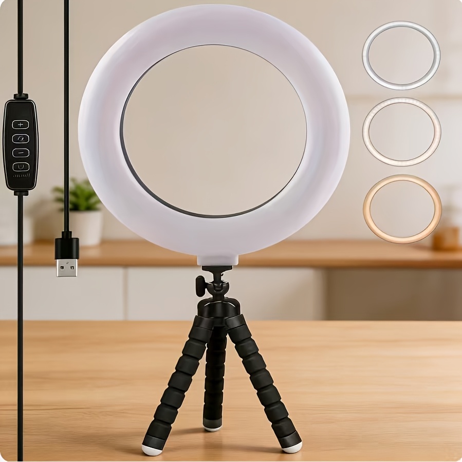 TEMU Live Streaming Circular Light With Sponge Holder, Usb Powered Led Desk Lamp, Indoor Lighting And Makeup, 6-inch Round Soft Light, Perfect For
